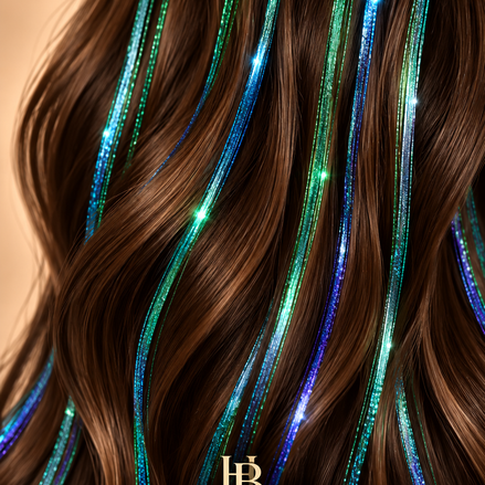 Hair Tinsel Green Blue – groen blauw haar tinsel in bruin haar – de HaarBoetiek