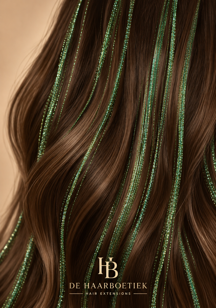 Hair Tinsel Green groen in bruin haar – de HaarBoetiek
