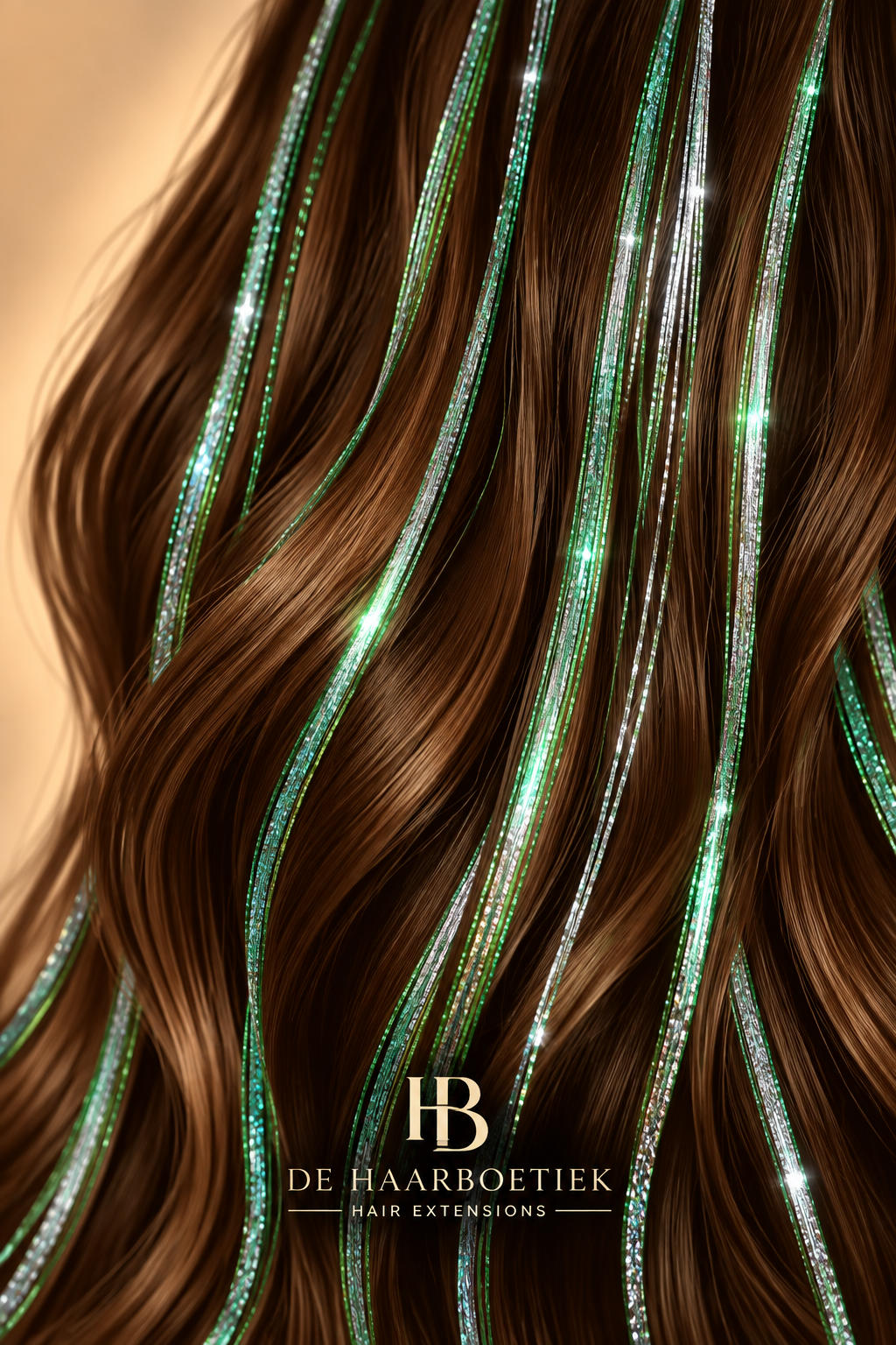 Hair Tinsel Green Silver in bruin haar – de HaarBoetiek