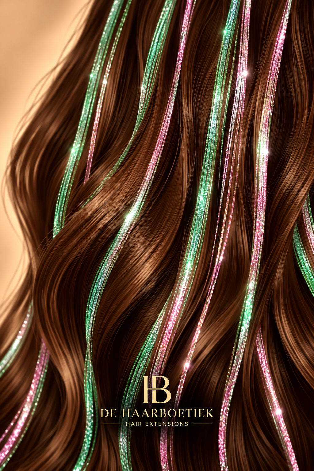 Hair Tinsel Groen Roze in bruin haar - de HaarBoetiek