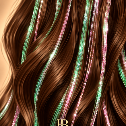 Hair Tinsel Groen Roze in bruin haar - de HaarBoetiek