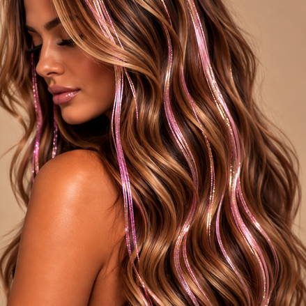 Lichtroze Hair Tinsel in lang bruin haar op beige achtergrond