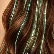 Hair Tinsel Mint verwerkt in bruin haar - de HaarBoetiek