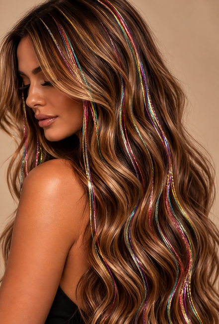 Hair Tinsel Multi3 multicolor in bruin haar op beige achtergrond - de HaarBoetiek