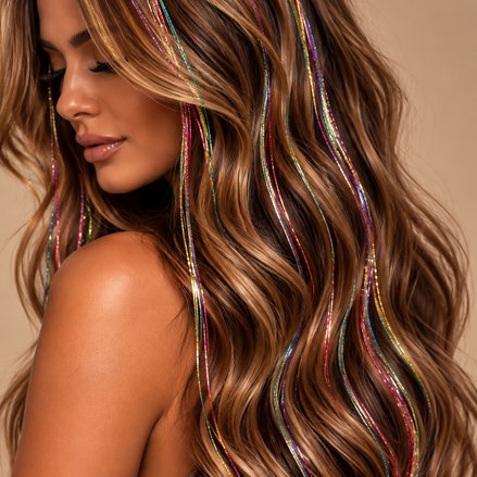 Hair Tinsel Multi3 multicolor in bruin haar op beige achtergrond - de HaarBoetiek