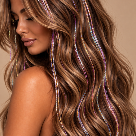 Hair Tinsel Multi5 multicolor in bruin haar op beige achtergrond - de HaarBoetiek