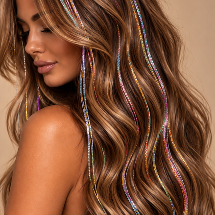 Hair Tinsel Multi7 multicolor regenboog in bruin haar - de HaarBoetiek