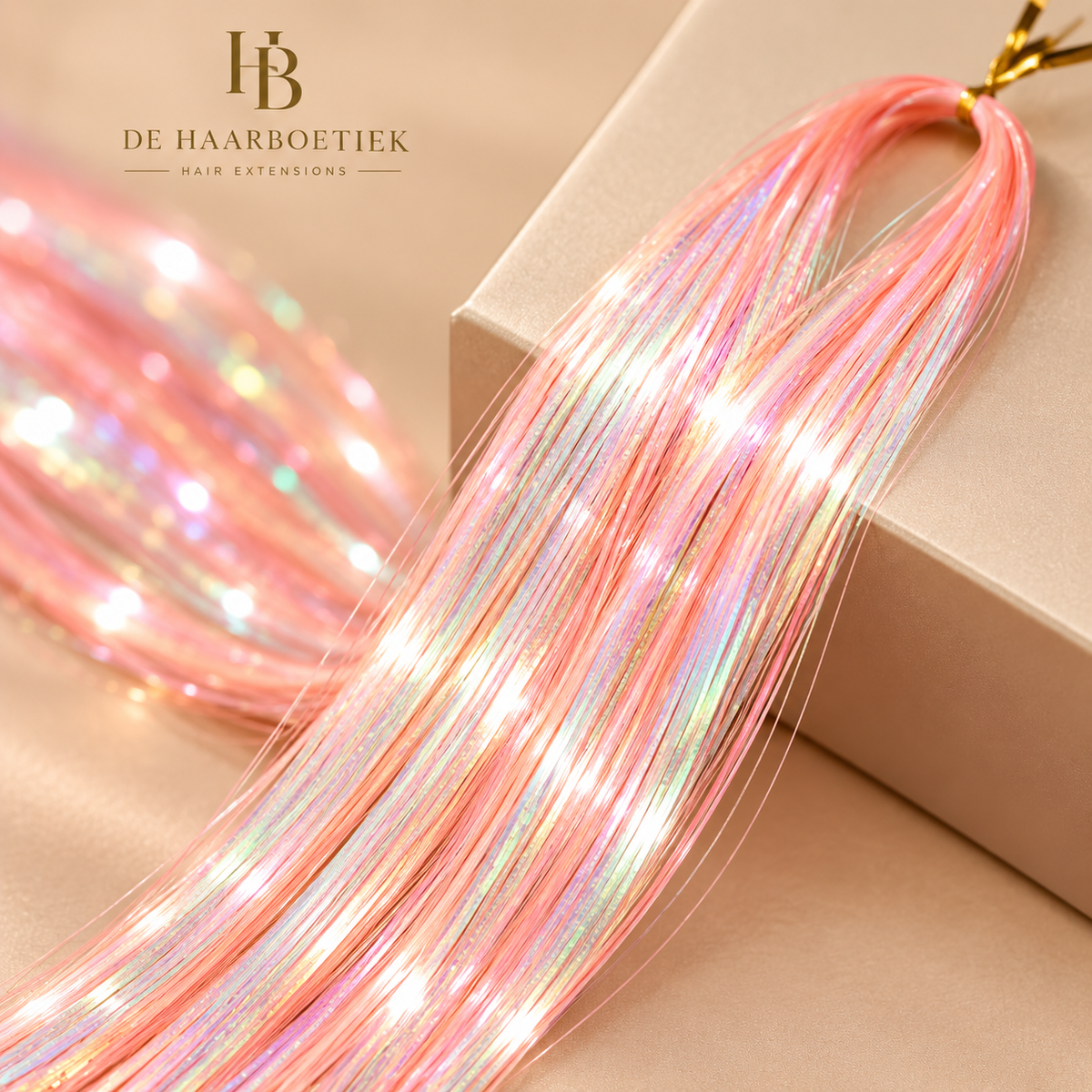 Hair Tinsel Neon Peach close-up - peach roze iriserende glans