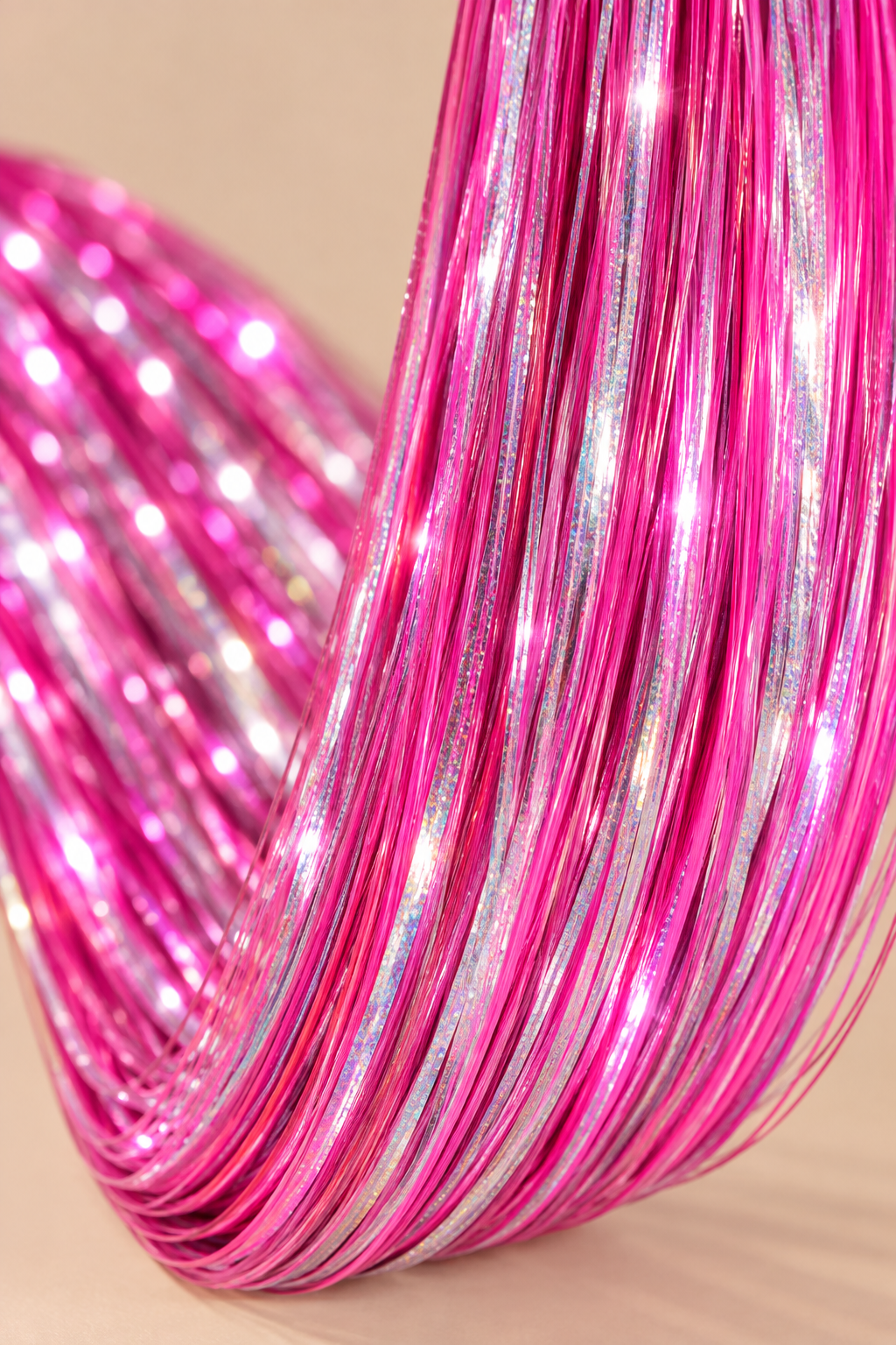 Hair Tinsel Neon Pink close-up - fel roze holografische glans
