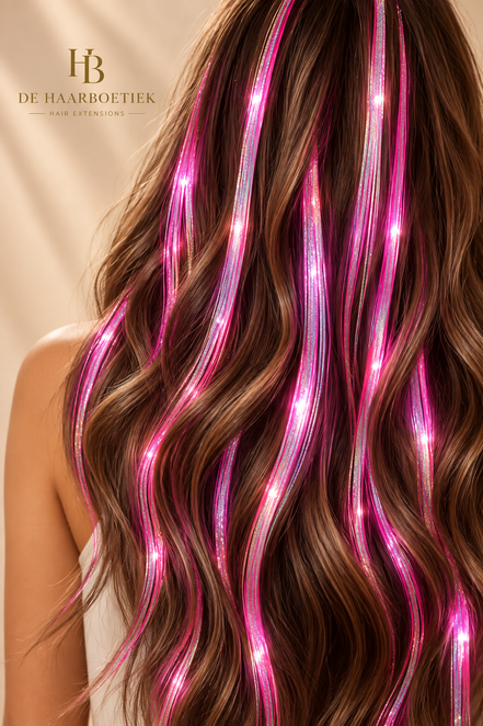 Hair Tinsel Neon Pink verwerkt in bruin haar - de HaarBoetiek