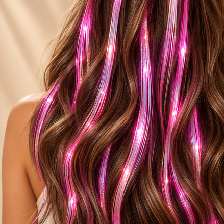 Hair Tinsel Neon Pink verwerkt in bruin haar - de HaarBoetiek