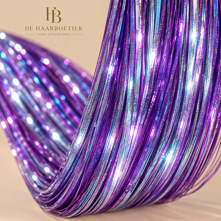 Hair Tinsel Neon Purple close-up - paars blauw holografische glans