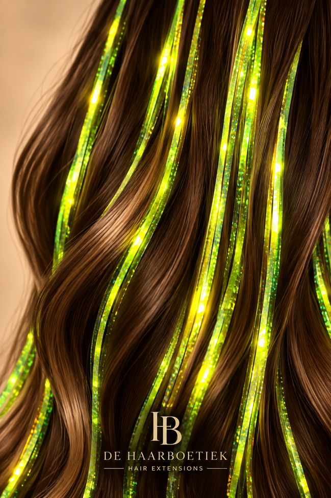 Neon Yellow Hair Tinsel verwerkt in bruin haar - de HaarBoetiek