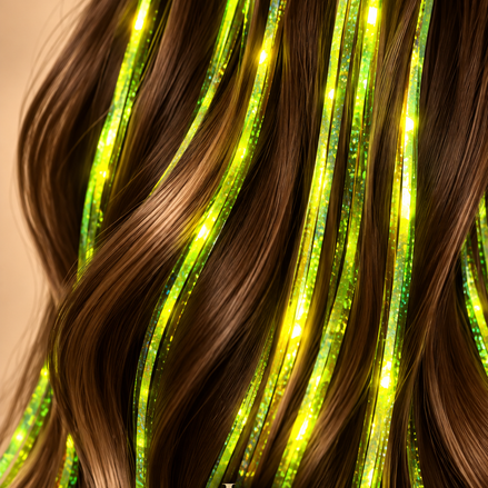 Neon Yellow Hair Tinsel verwerkt in bruin haar - de HaarBoetiek