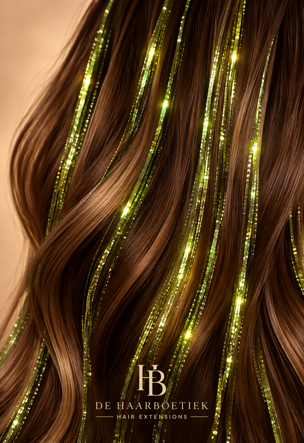 Olive Hair Tinsel verwerkt in bruin haar - de HaarBoetiek