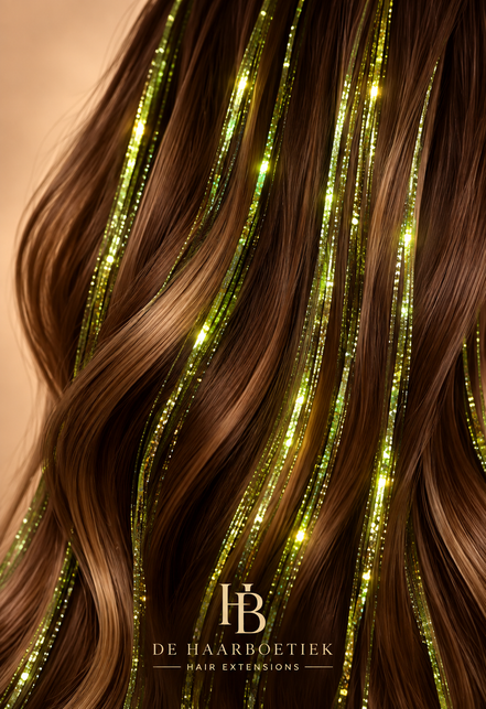 Olive Hair Tinsel verwerkt in bruin haar - de HaarBoetiek
