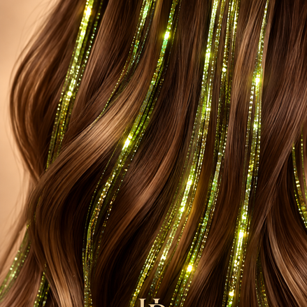 Olive Hair Tinsel verwerkt in bruin haar - de HaarBoetiek