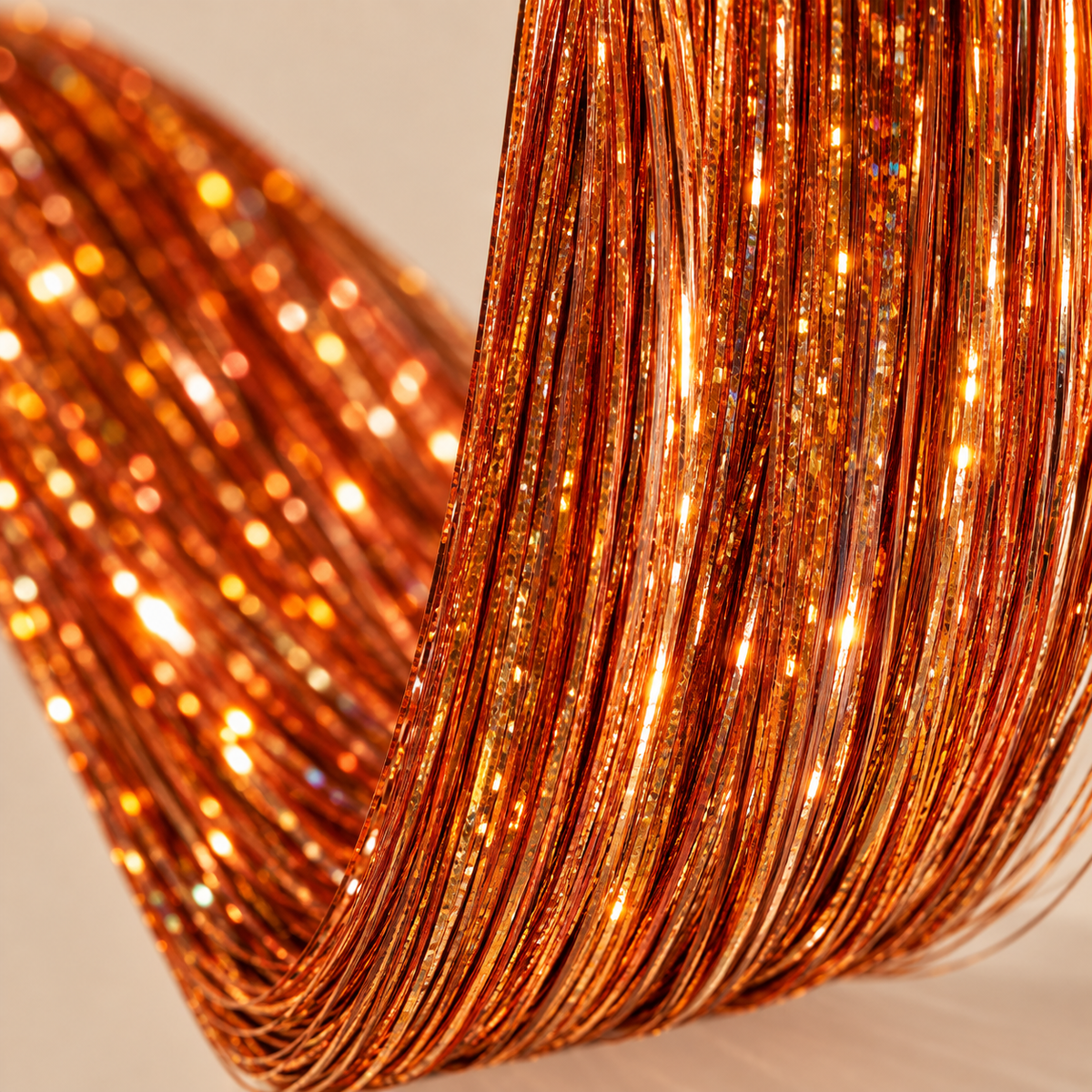 Orange Hair Tinsel close-up - koper oranje glans