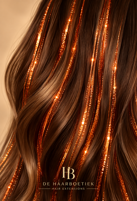 Orange Hair Tinsel verwerkt in bruin haar - de HaarBoetiek