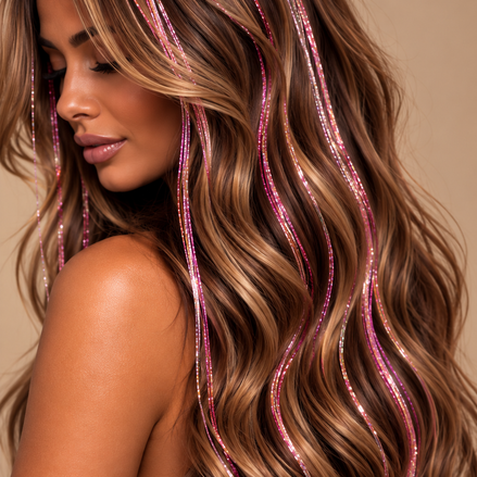 Roze Hair Tinsel in lang bruin haar op beige achtergrond