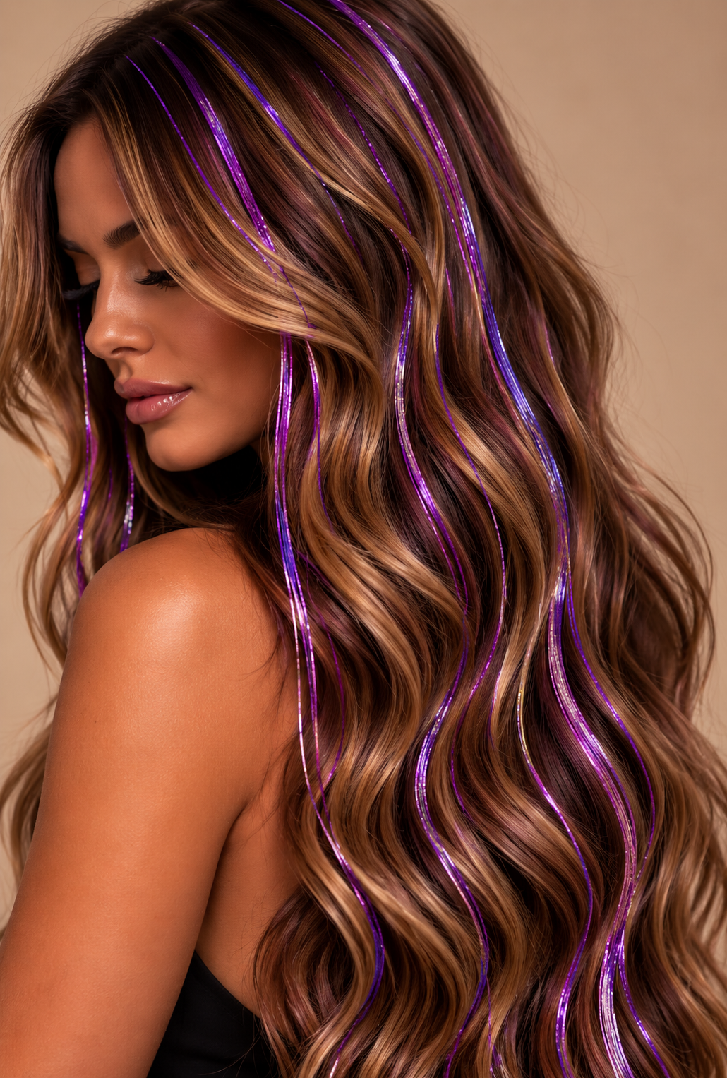 Paarse Hair Tinsel in lang bruin haar – de HaarBoetiek