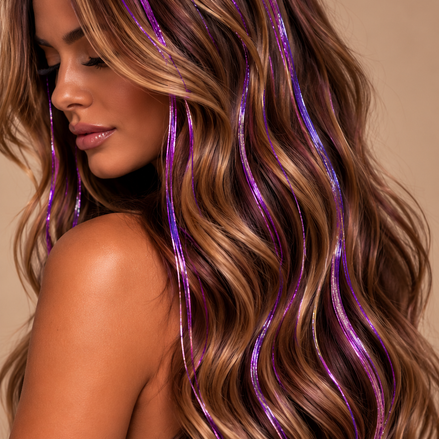 Paarse Hair Tinsel in lang bruin haar – de HaarBoetiek