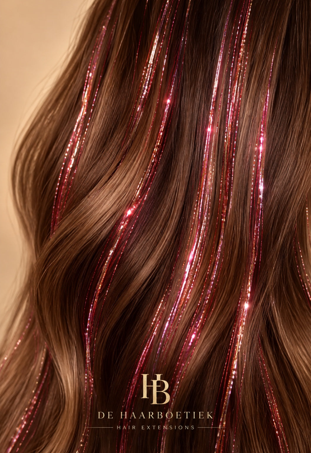 Hair Tinsel Watermelon Red verwerkt in bruin haar - de HaarBoetiek