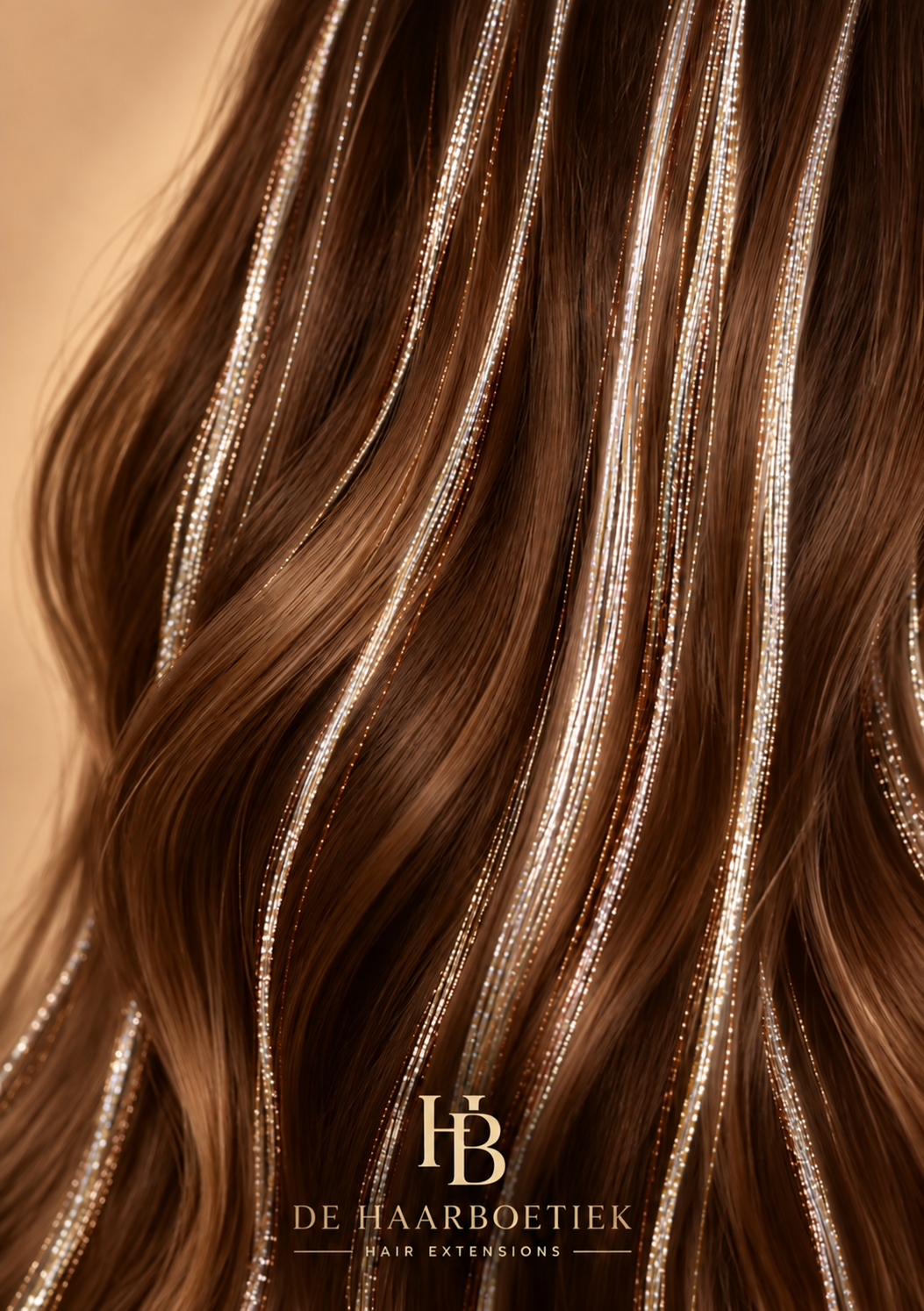 Witte iridescent hair tinsel met parelmoer glans in bruin haar