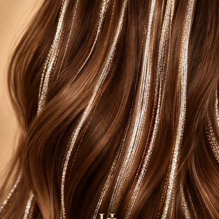 Witte iridescent hair tinsel met parelmoer glans in bruin haar
