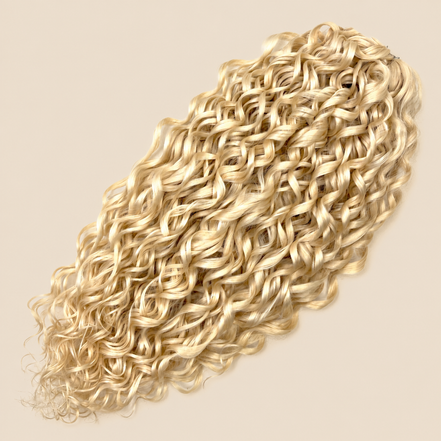 Jessica golvend invlechthaar 60 cm in blond (613) op beige achtergrond – De HaarBoetiek