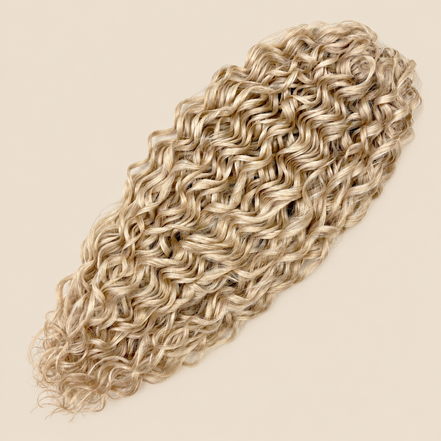 Jessica golvend invlechthaar 60 cm in blond (Linen(59)) op beige achtergrond – De HaarBoetiek