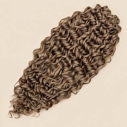 Jessica golvend invlechthaar 60 cm in bruin (18T) op beige achtergrond – De HaarBoetiek