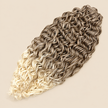 Jessica golvend invlechthaar 60 cm in bruin-blond (T-Linen(62)) op beige achtergrond – De HaarBoetiek