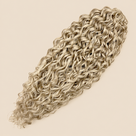 Jessica golvend invlechthaar 60 cm in blond (Linen(47)) op beige achtergrond – De HaarBoetiek