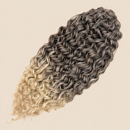 Jessica golvend invlechthaar 60 cm in bruin-blond (T4/22) op beige achtergrond – De HaarBoetiek