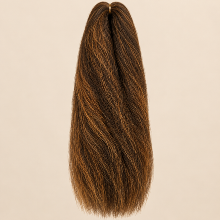 Jumbo Braid 100% Kanekalon Bng kleur 4/27 donkerbruin met goudblond, 60 cm, 85 gram op beige achtergrond