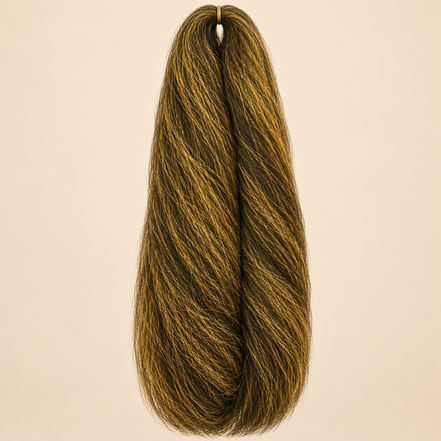 Jumbo Braid 100% Kanekalon Bng kleur 4/G donkerbruin met goud, 60 cm, 85 gram op beige achtergrond