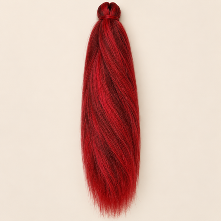 Jumbo Braid 100% Kanekalon Bng kleur Red Tomato dieprood, 60 cm, 85 gram op beige achtergrond