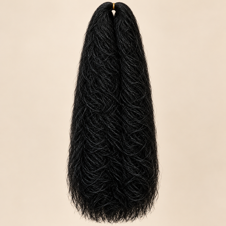 Jumbo Braid 100% Kanekalon Bng kleur 1B natuurlijk zwart, 60 cm, 85 gram op beige achtergrond