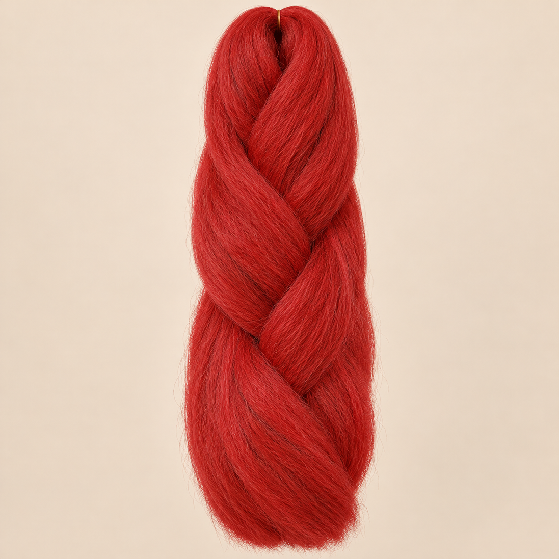 Jumbo Braid 100% Kanekalon SuperBraid kleur F-20 Tomaton Rot tomaatrood, 60 cm, 85 gram op beige achtergrond