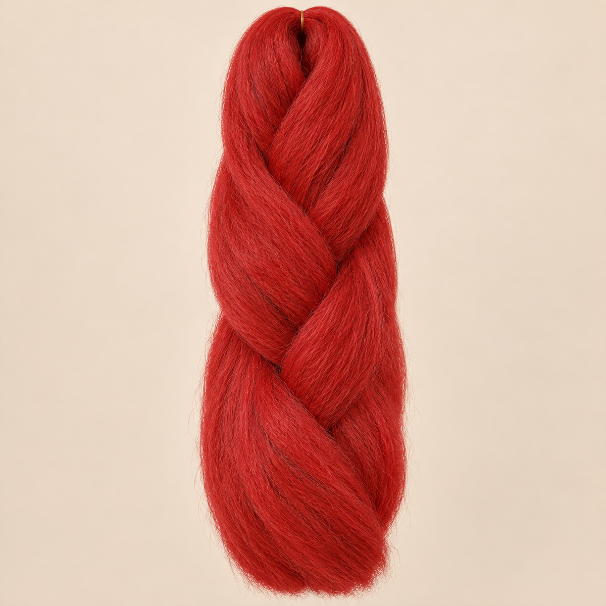 Jumbo Braid 100% Kanekalon SuperBraid kleur F-20 Tomaton Rot tomaatrood, 60 cm, 85 gram op beige achtergrond