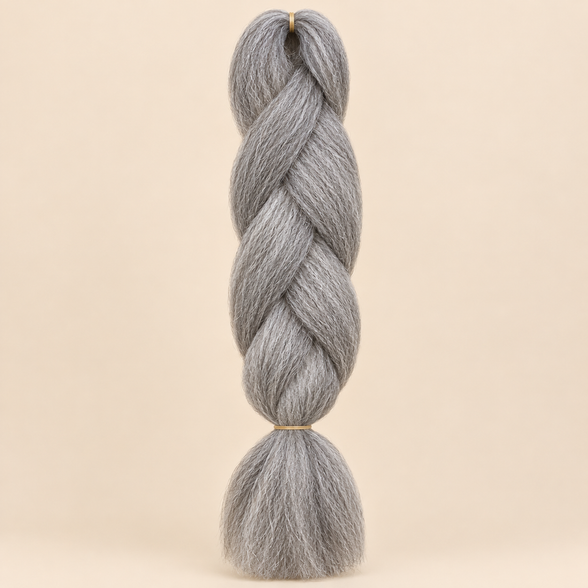 Jumbo Braid 100% Kanekalon SuperBraid kleur 51 zilvergrijs, 60 cm, 85 gram op beige achtergrond