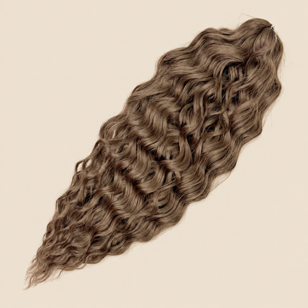 Kate golvend invlechthaar 60 cm in middenbruin (6) op beige achtergrond