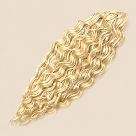Kate golvend invlechthaar 60 cm in platinablond (613) op beige achtergrond