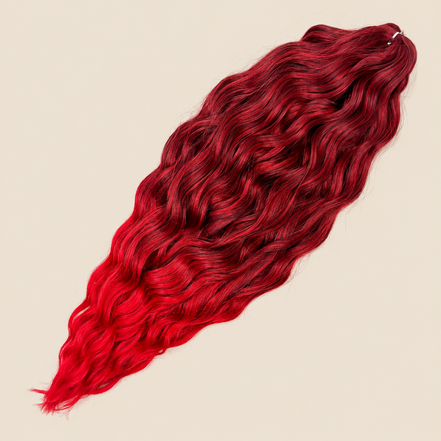 Kate golvend invlechthaar 60 cm in zwart-rood ombre (T1B/Red) op beige achtergrond
