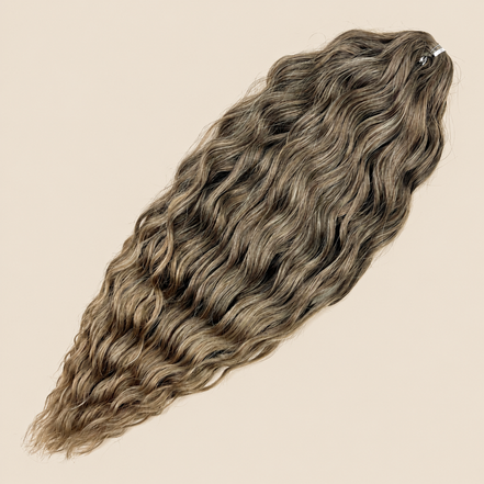 Kate golvend invlechthaar 60 cm in donkerbruin-asblond ombre (T8/14A) op beige achtergrond