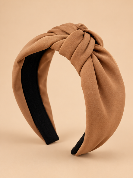 Camel knoop haarband op egale beige achtergrond