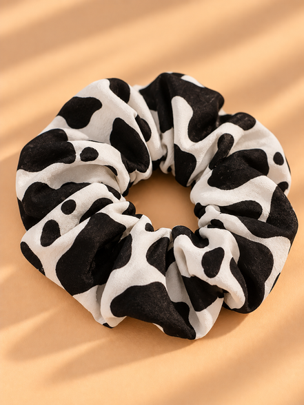 Zwart-witte koeienprint scrunchie op beige achtergrond