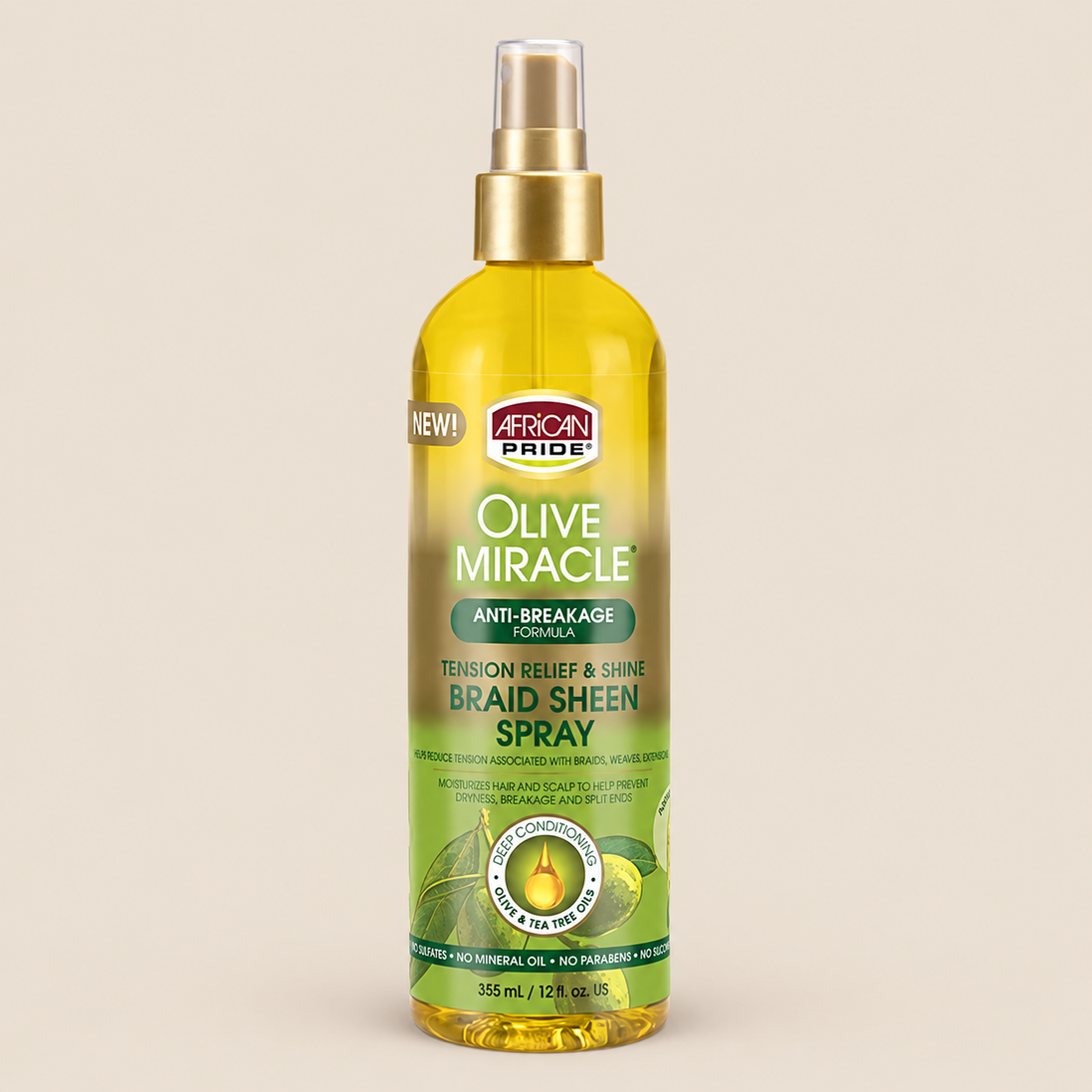 African Pride Olive Miracle Tension Relief – Verzachtende braidspray 355 ml – De HaarBoetiek