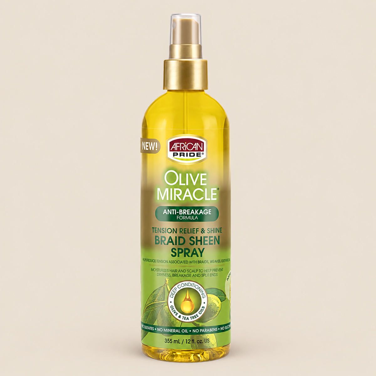 African Pride Olive Miracle Tension Relief – Verzachtende braidspray 355 ml – De HaarBoetiek